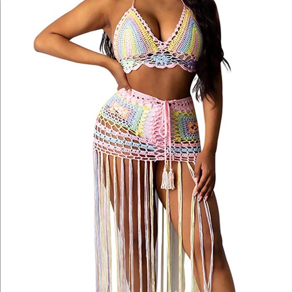 Bluewolfsea Women Sexy Beach Coverups Summer 2 Piece Outfits Crochet Mesh